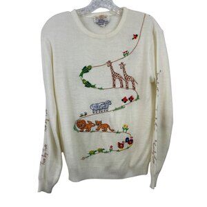 Cyn Les Shirlee Sweater Embroidered 2 By 2 Noah's Ark Animals Womens Size L